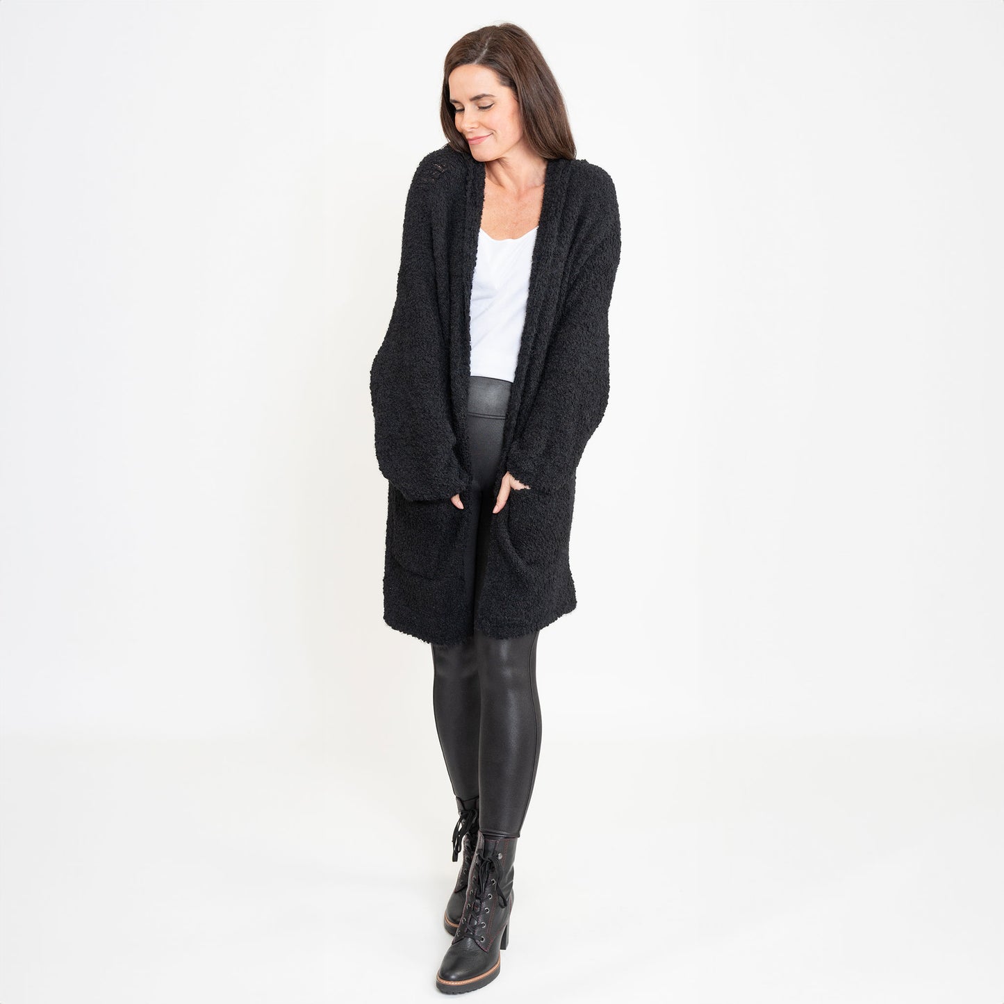 Tylie Black Teddy Bear Hooded Cardigan with Pockets