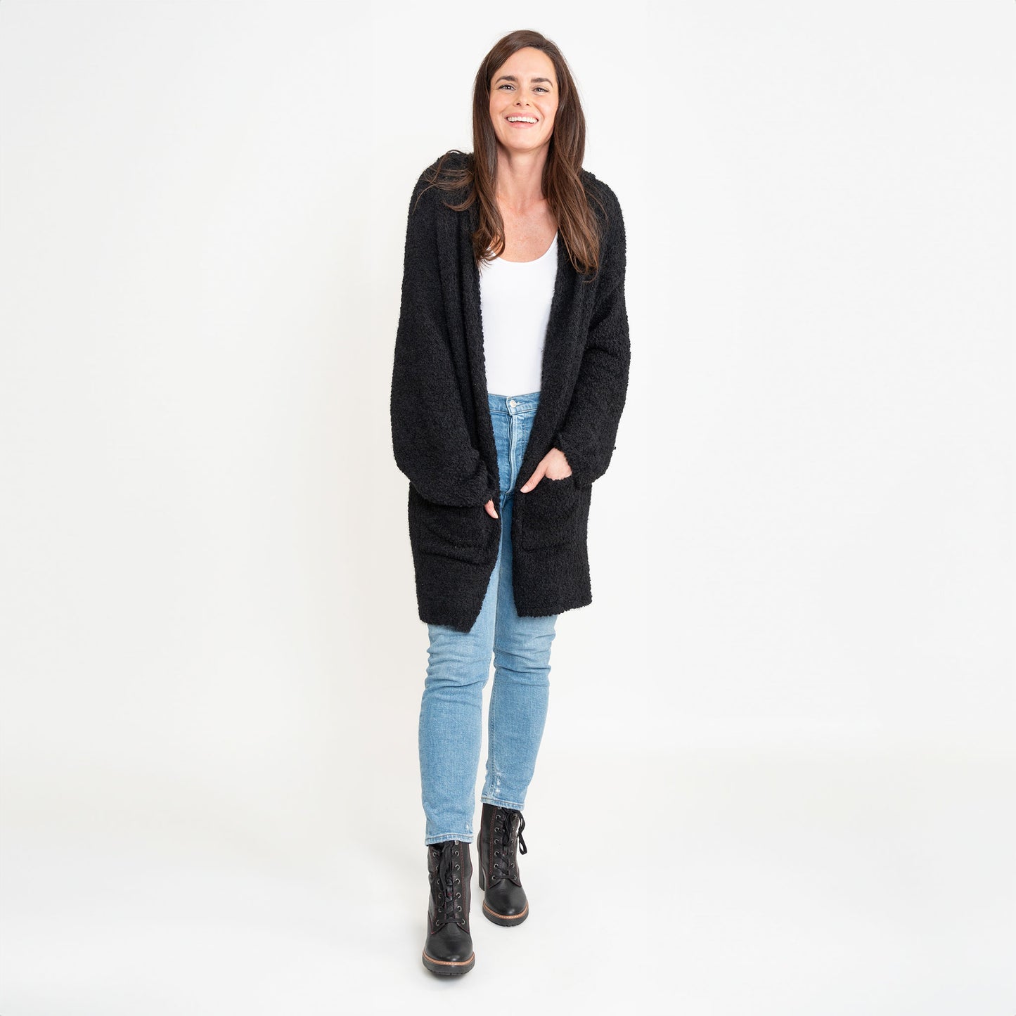 Tylie Black Teddy Bear Hooded Cardigan with Pockets