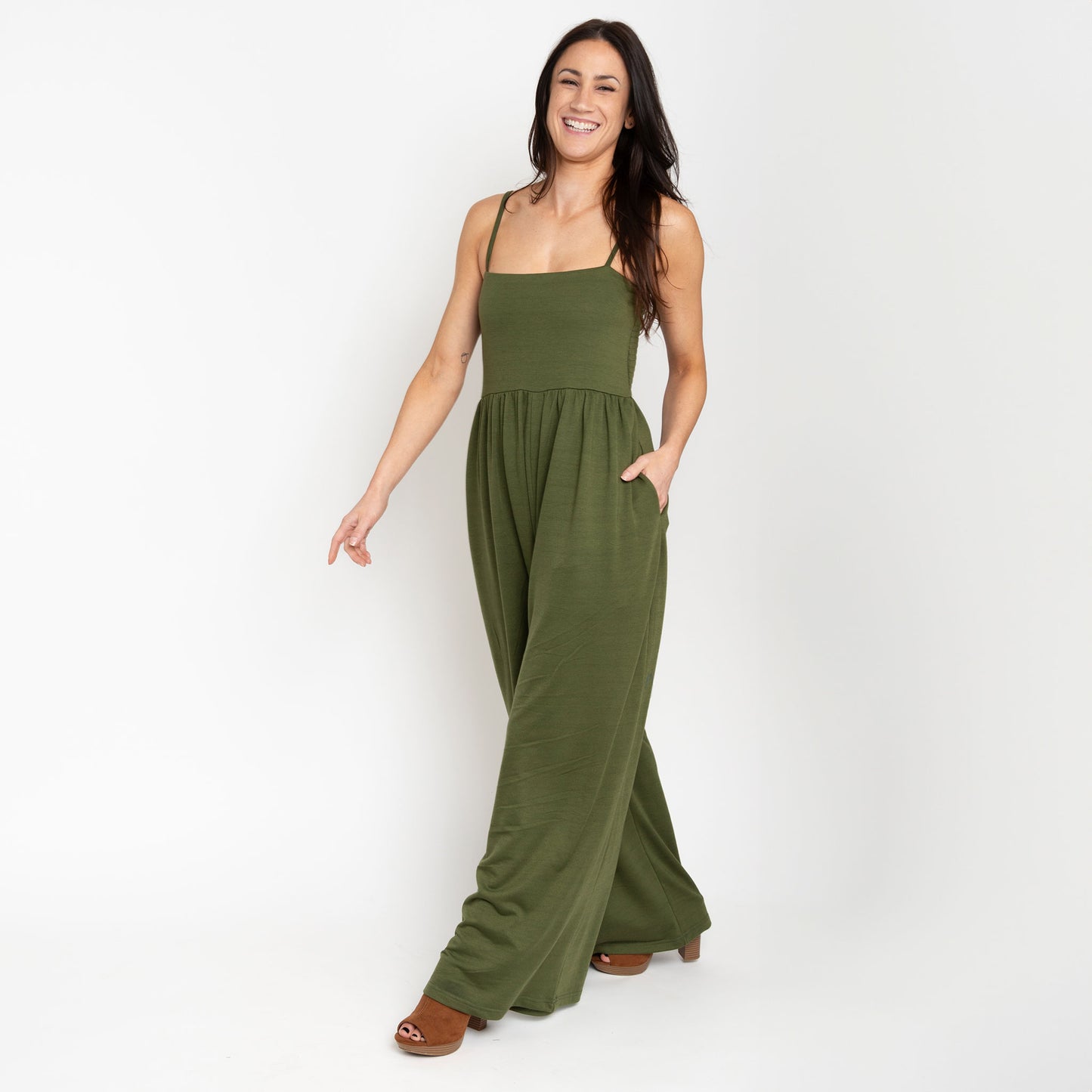 Kirby Fern Wide Leg Smocked Jumpsuit with Pockets