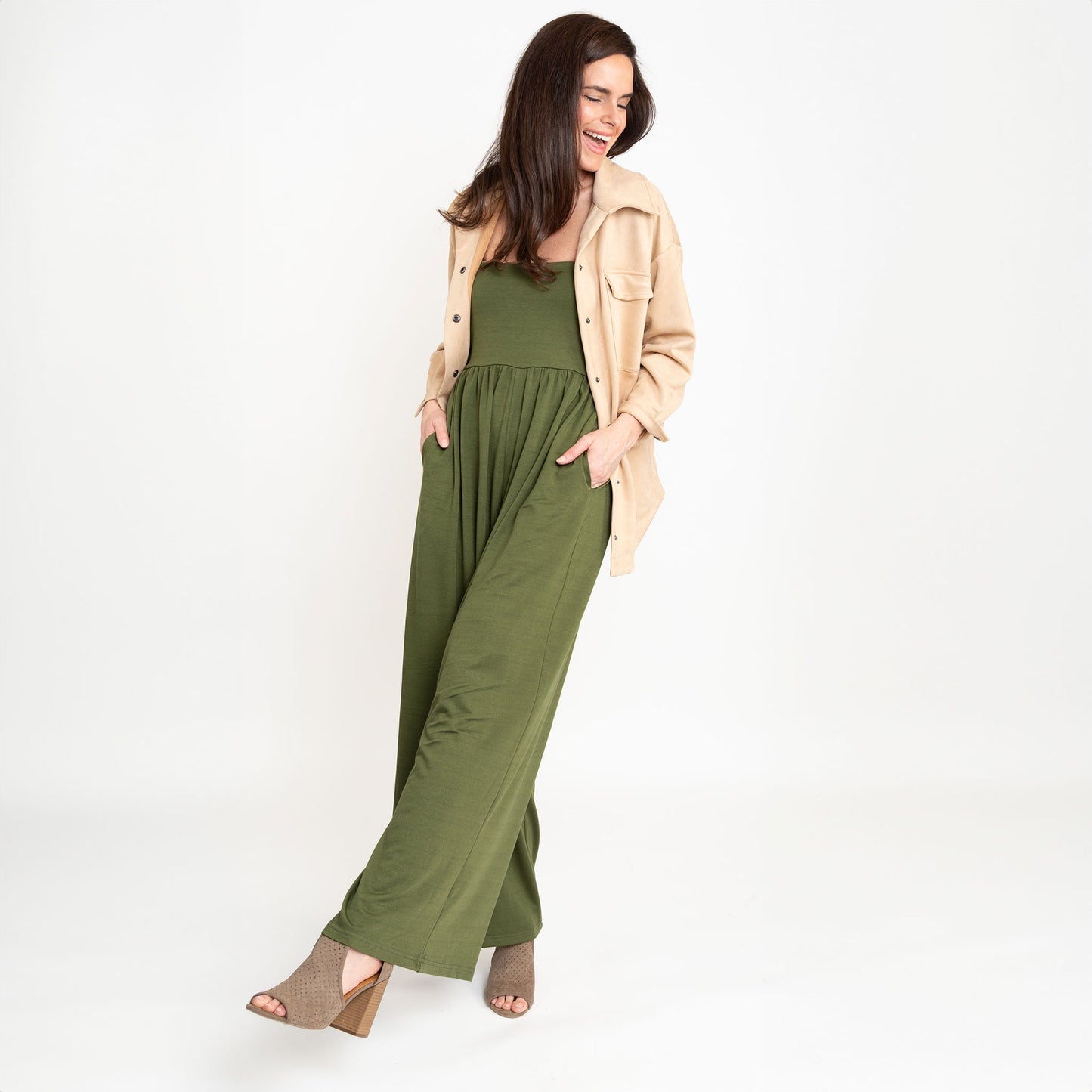 Kirby Fern Wide Leg Smocked Jumpsuit with Pockets