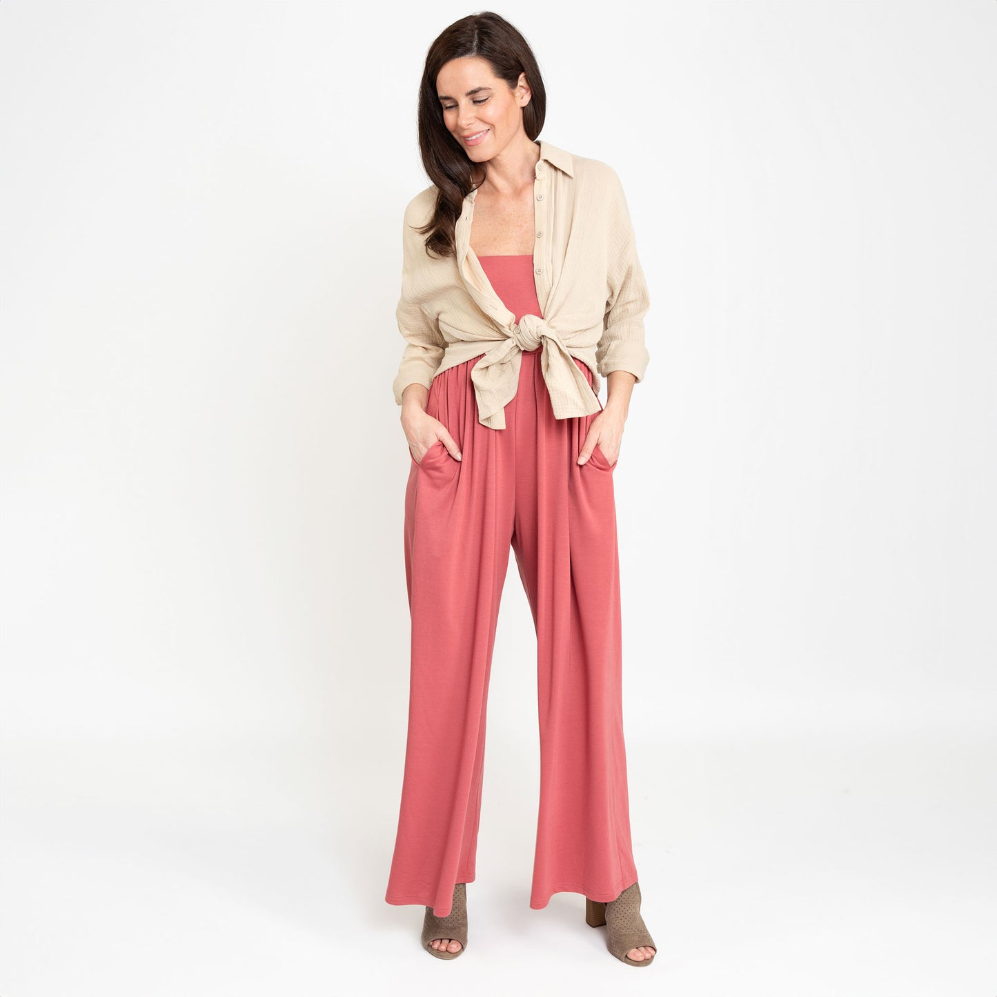 Kirby Rose Wide Leg Smocked Jumpsuit with Pockets