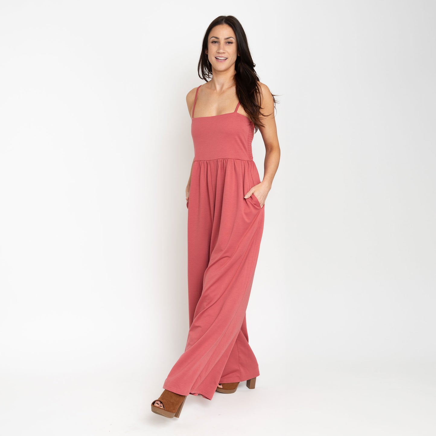 Kirby Rose Wide Leg Smocked Jumpsuit with Pockets