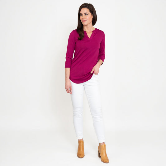 Daisy 3/4 Sleeve V-Neck Jersey Fuschia Tunic Blouse