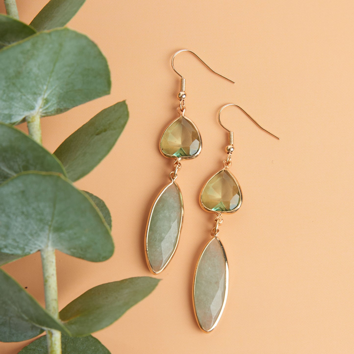 Acadia Gold White Jade and Glass Teardrop Earrings