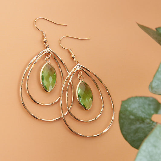 Acadia Faceted Green Glass Gold Double Teardrop Earrings