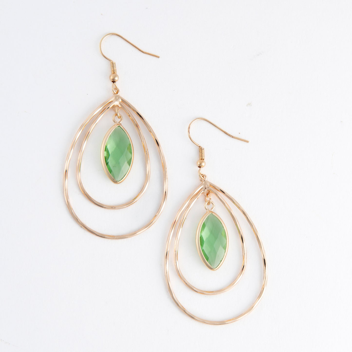 Acadia Faceted Green Glass Gold Double Teardrop Earrings