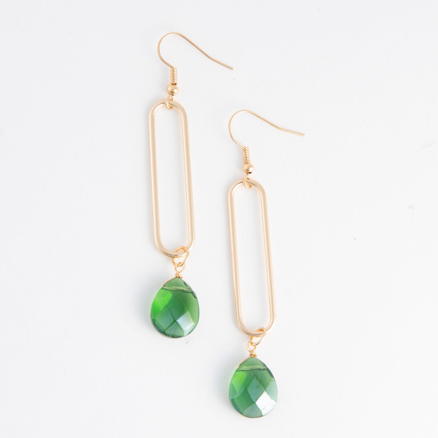 Acadia Jade Green Faceted Glass Long Gold Pendant Earrings