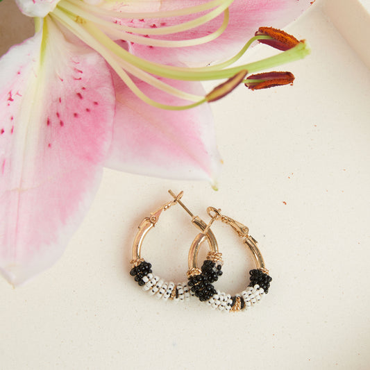 Irie Black and White Seed Bead Hoop Earrings