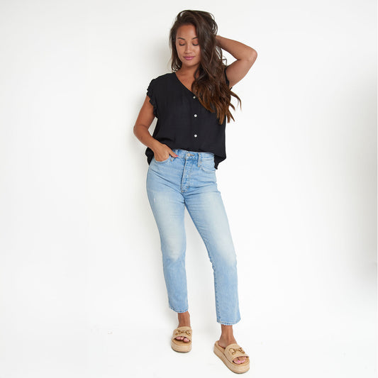 Amerie Black Crepe Button Up V-Neck Tank Top