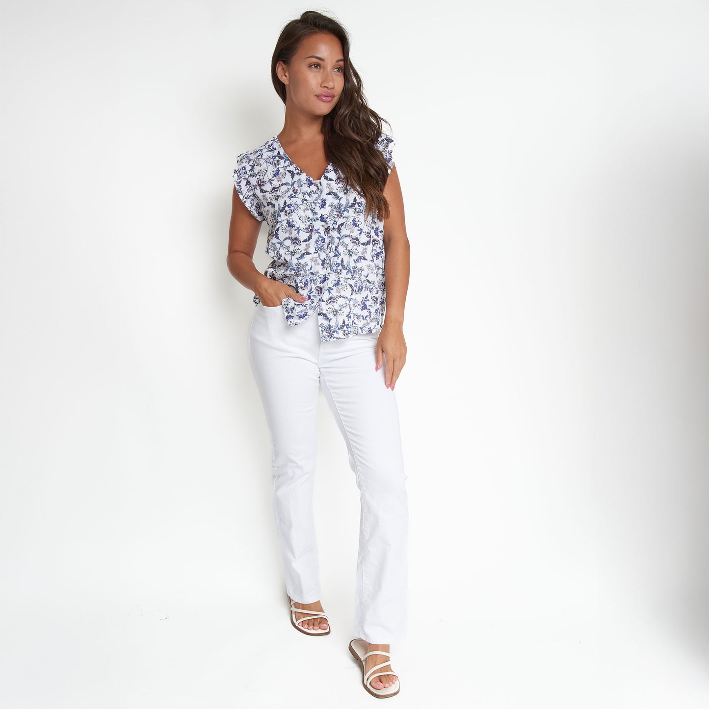 Amerie Floral Crepe Button Up V-Neck Tank Top