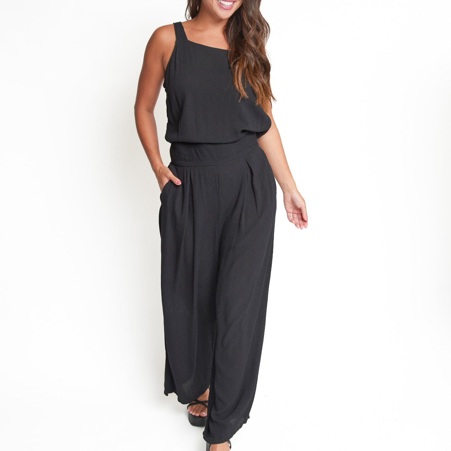 Amerie Black Sleeveless Scoop Neck Crepe Wide Leg Jumpsuit