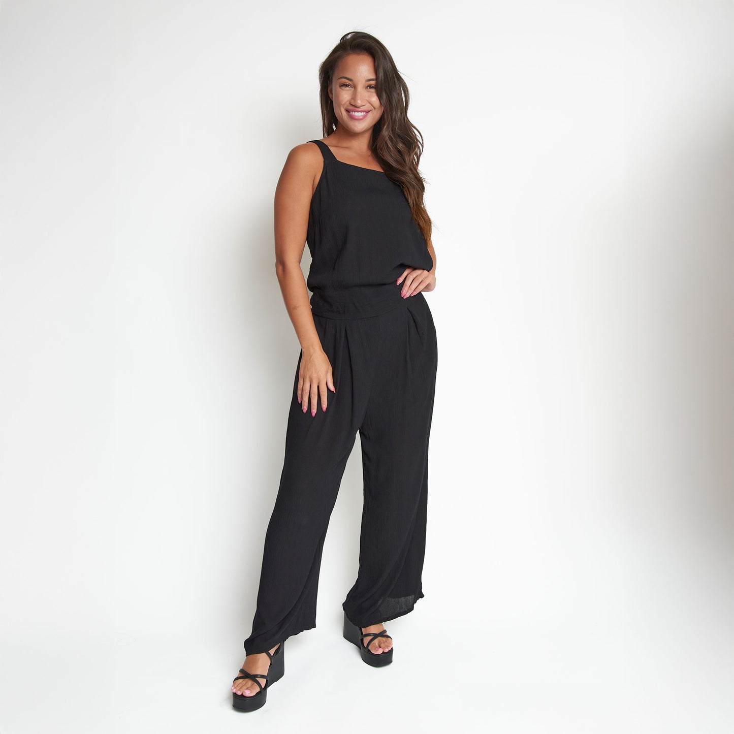 Amerie Black Sleeveless Scoop Neck Crepe Wide Leg Jumpsuit