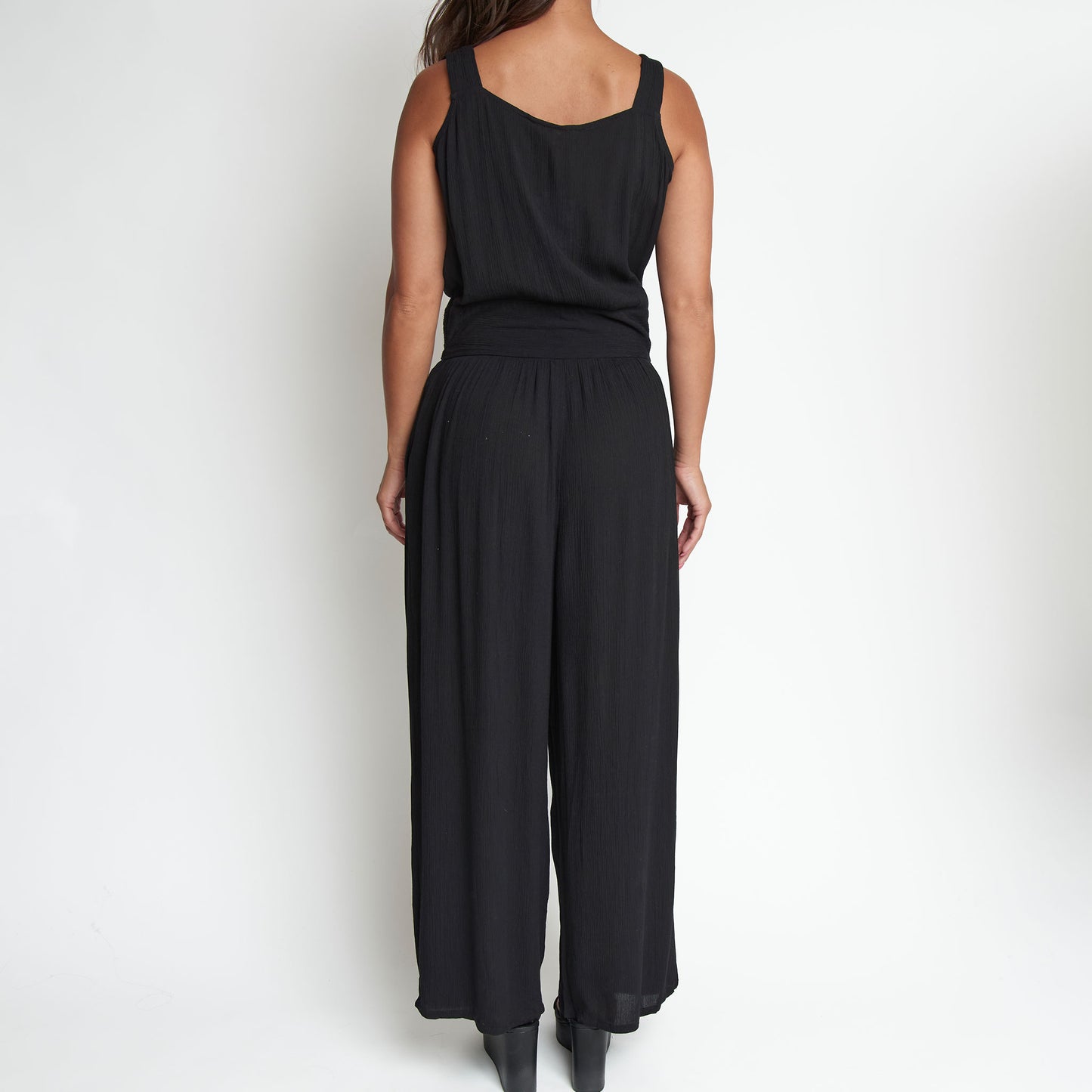 Amerie Black Sleeveless Scoop Neck Crepe Wide Leg Jumpsuit