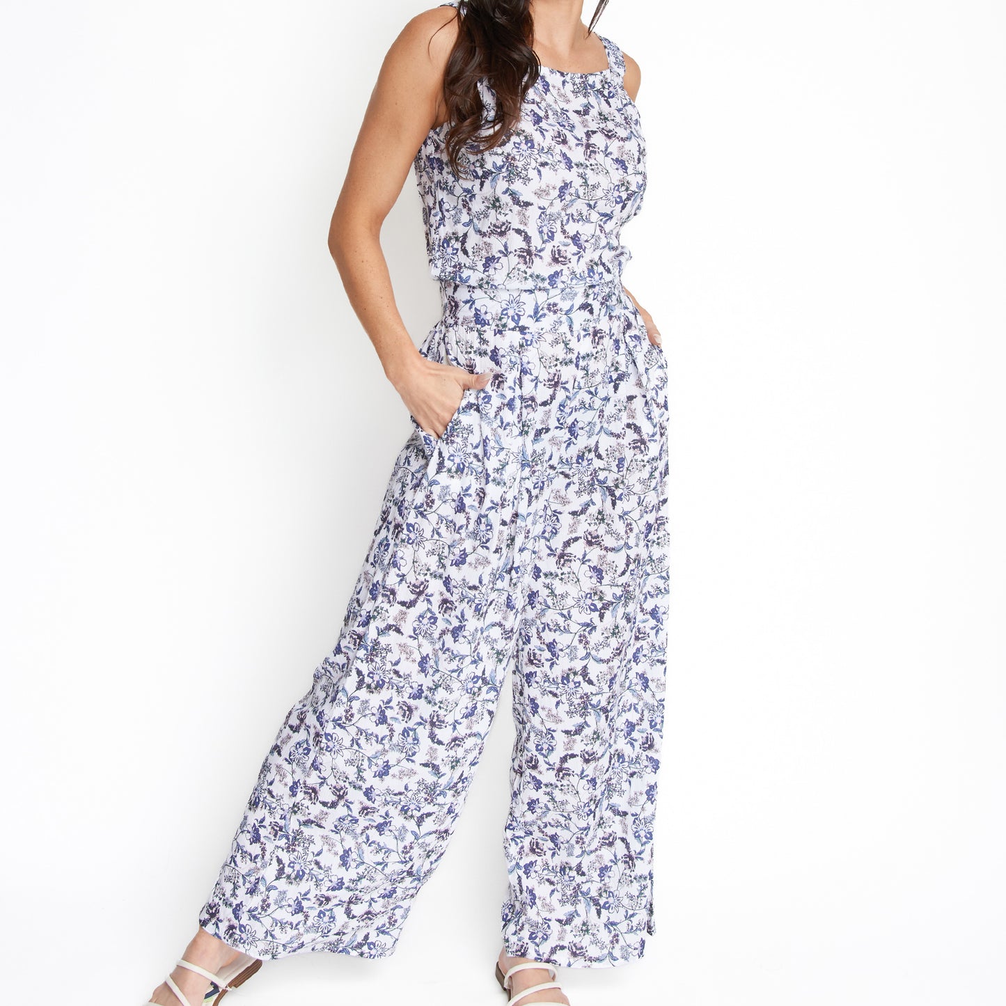 Amerie Floral Sleeveless Scoop Neck Crepe Wide Leg Jumpsuit