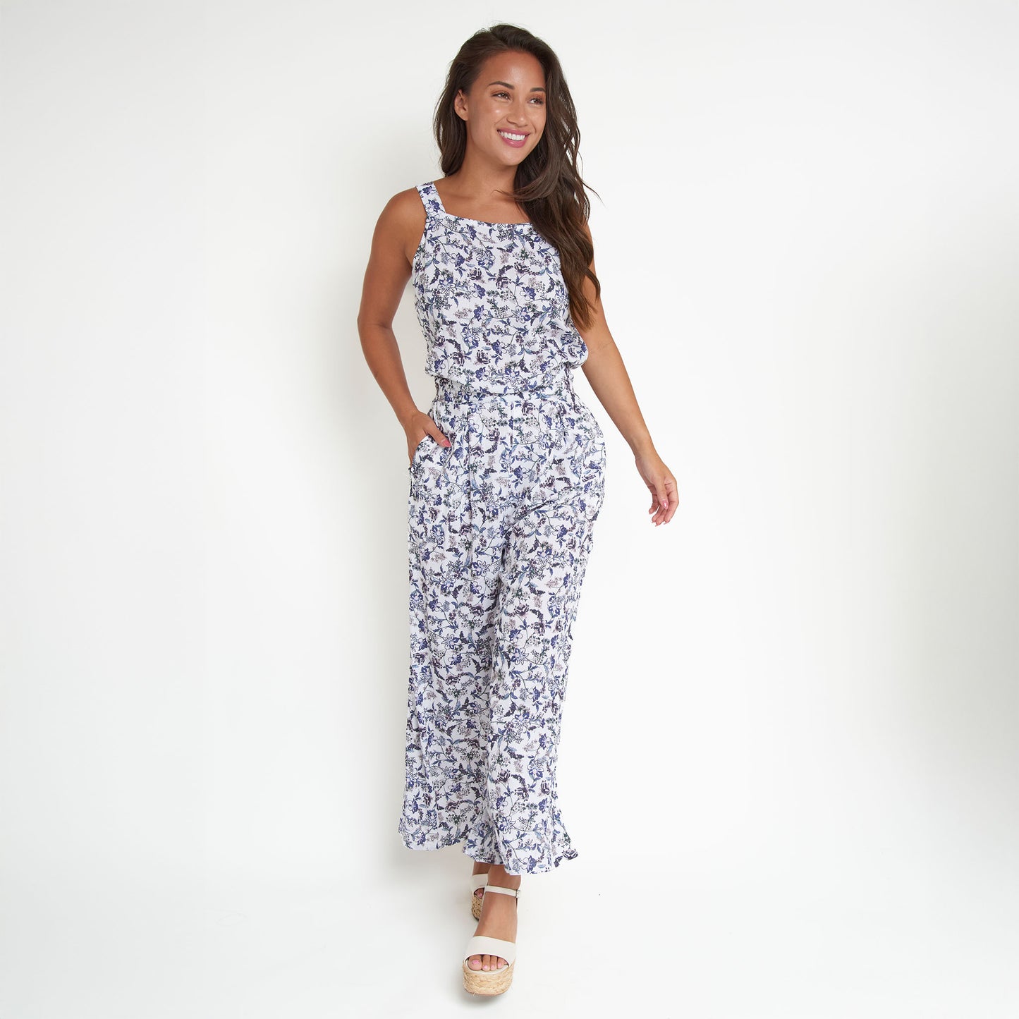 Amerie Floral Sleeveless Scoop Neck Crepe Wide Leg Jumpsuit