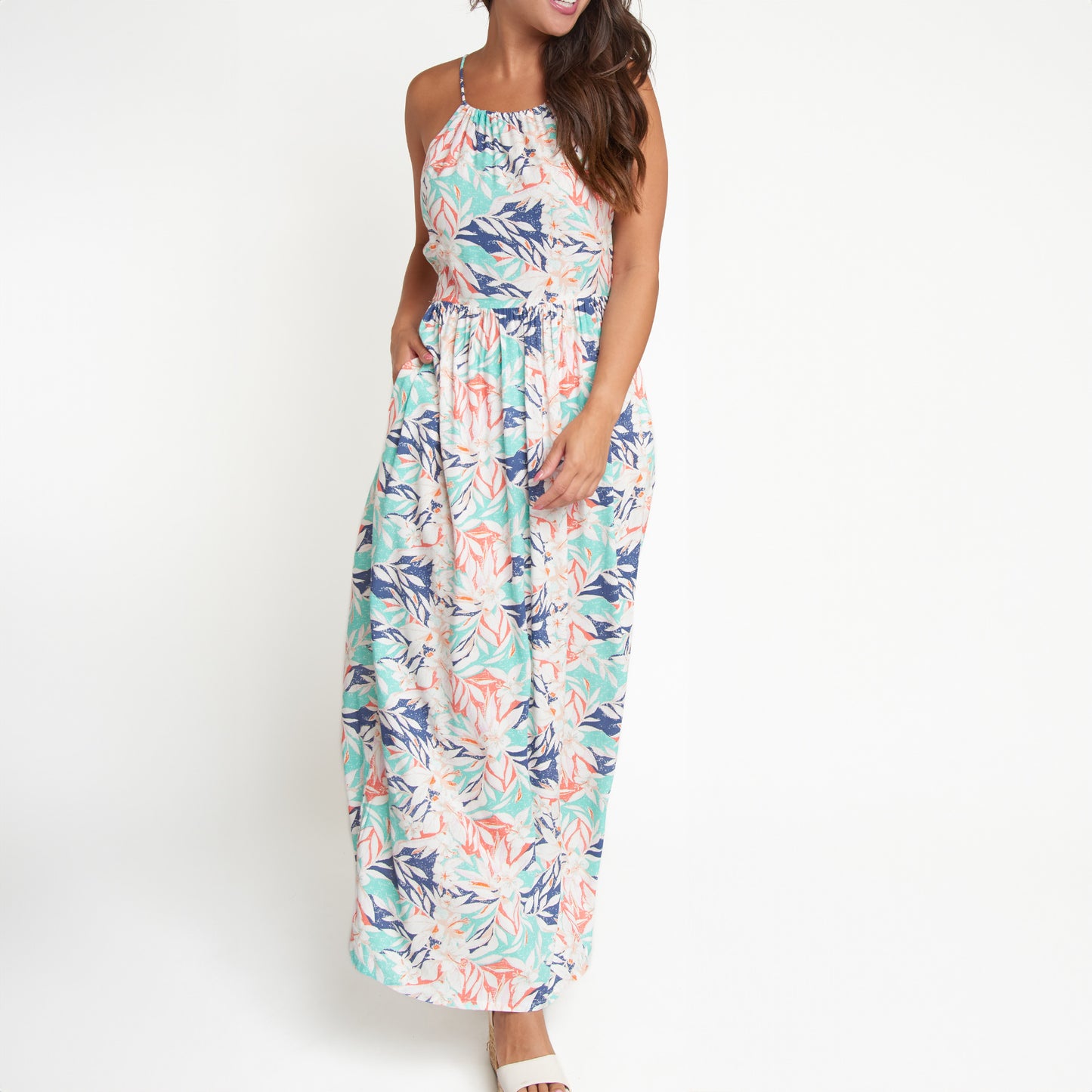 Kinsley Adjustable Stap Halter Maxi Dress with Pockets