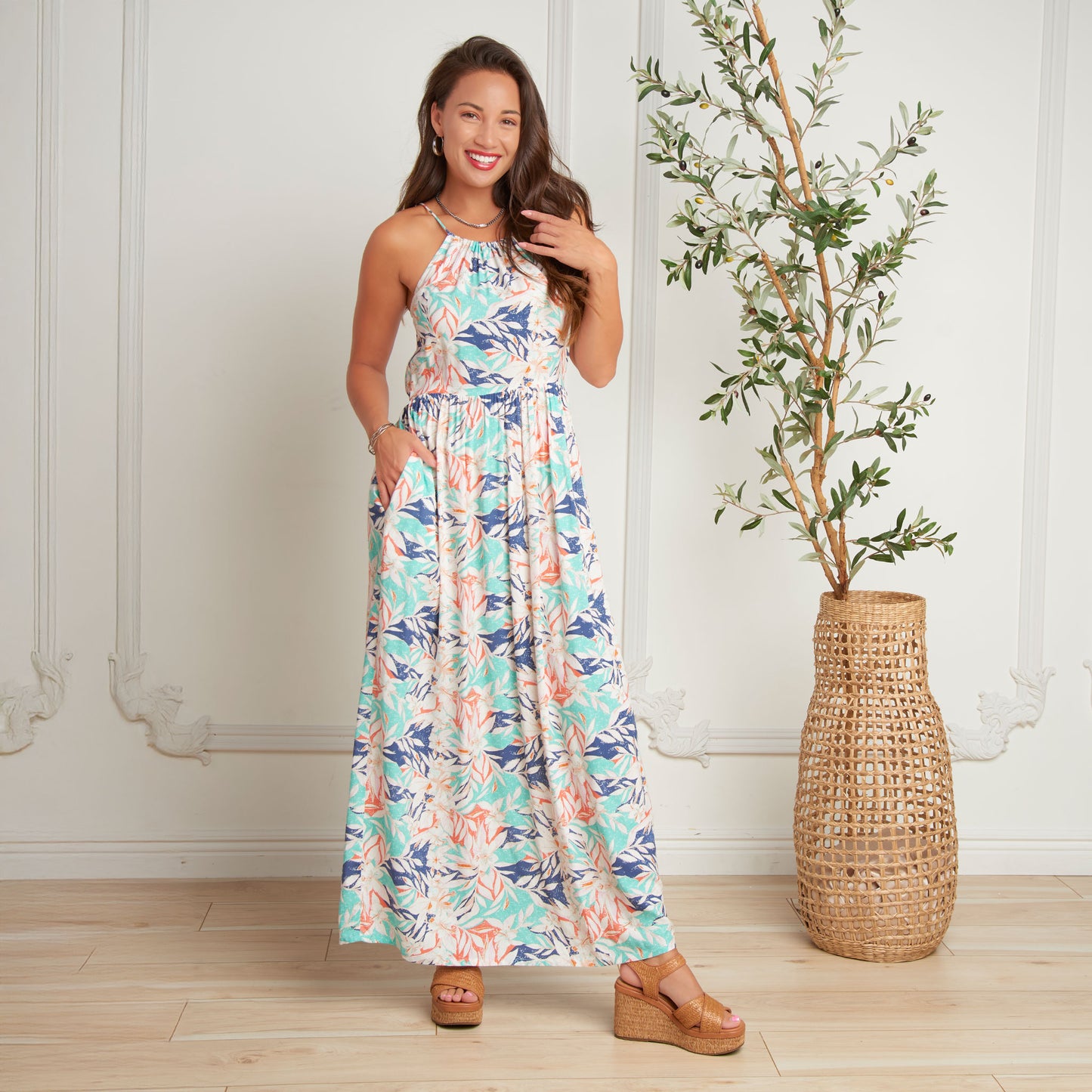 Kinsley Adjustable Stap Halter Maxi Dress with Pockets