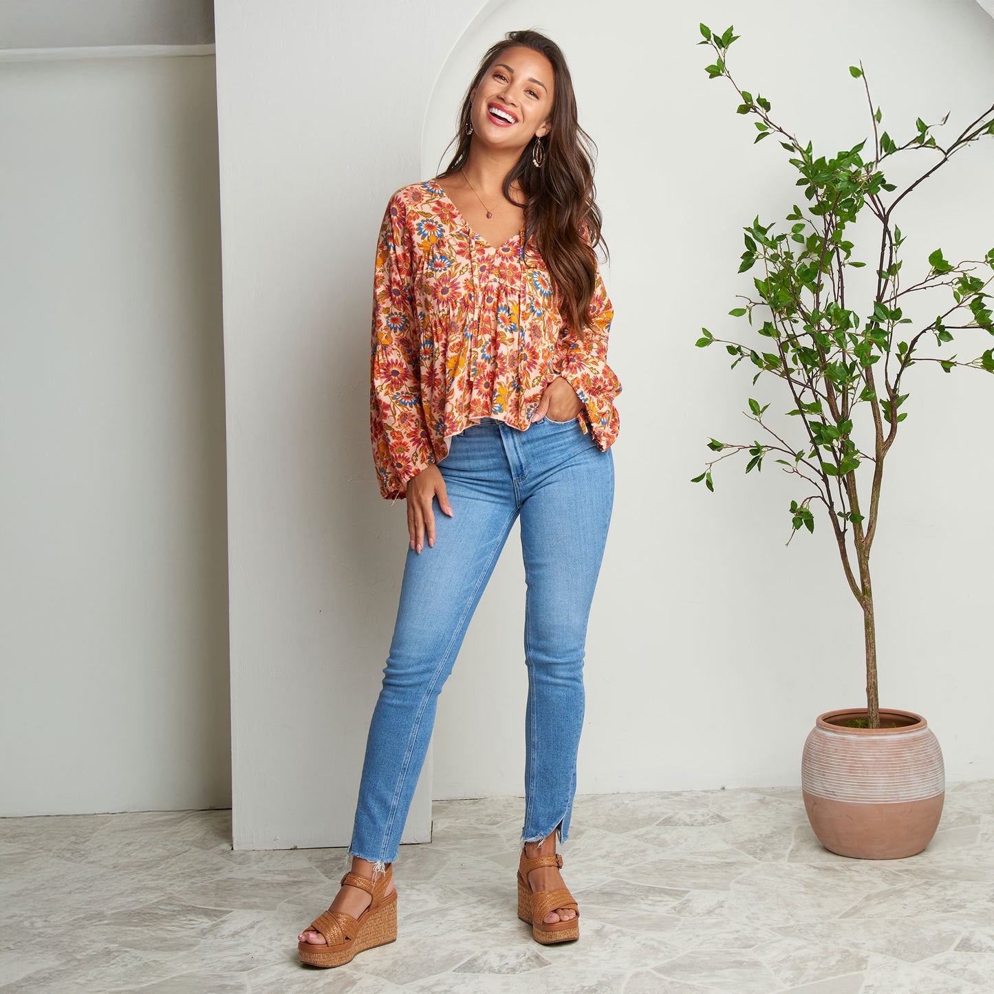 Kinsley Tiered V- Neck Long Sleeve Blouse