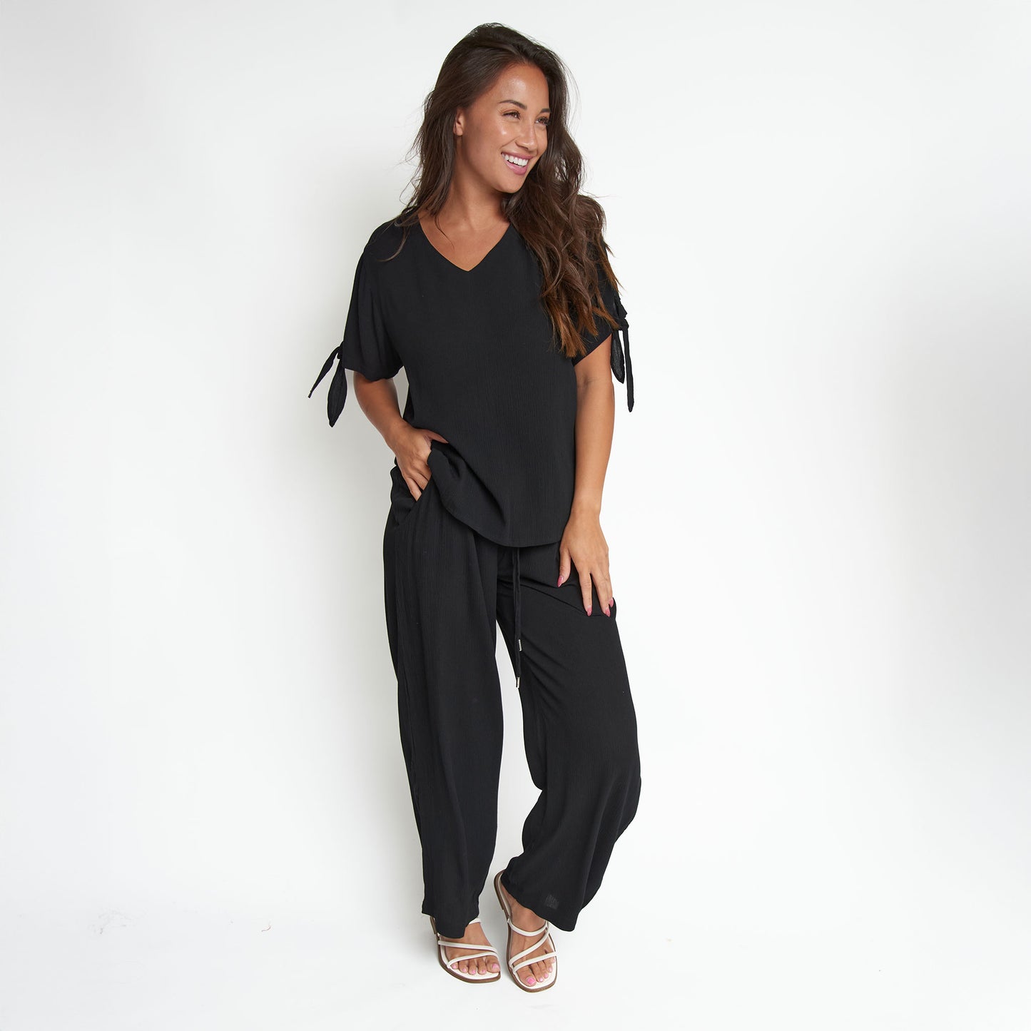 Nika Lightweight Crepe Wide Leg Drawstring Pants