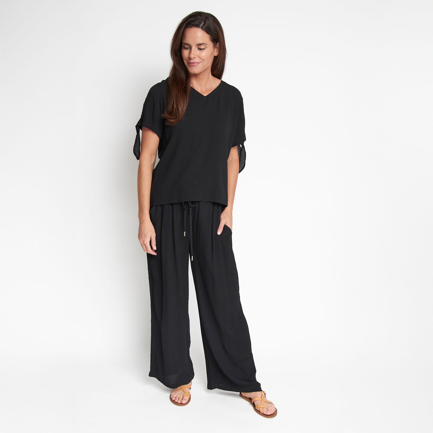 Nika Lightweight Crepe Wide Leg Drawstring Pants