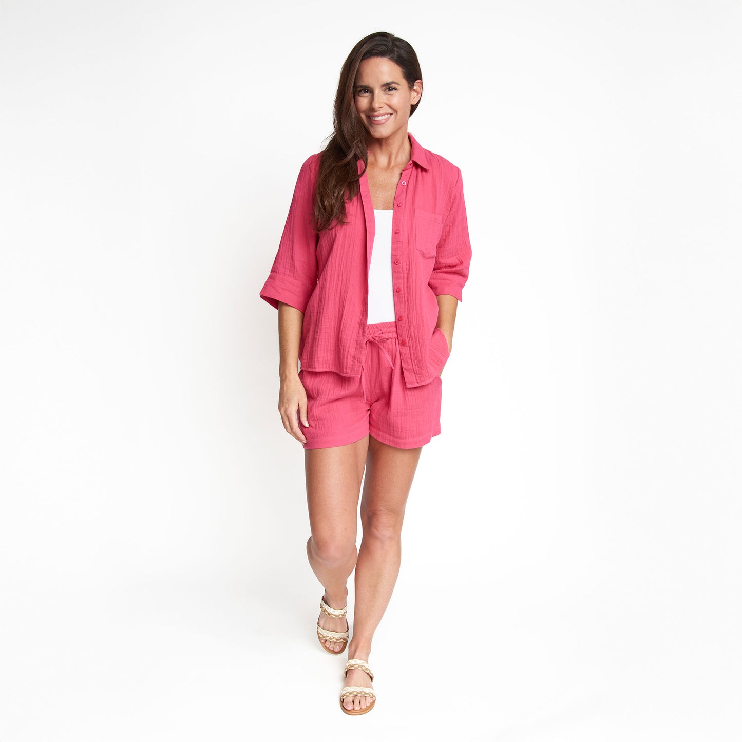 Dylan Cotton Gauze 3/4 Sleeve Button Up Top