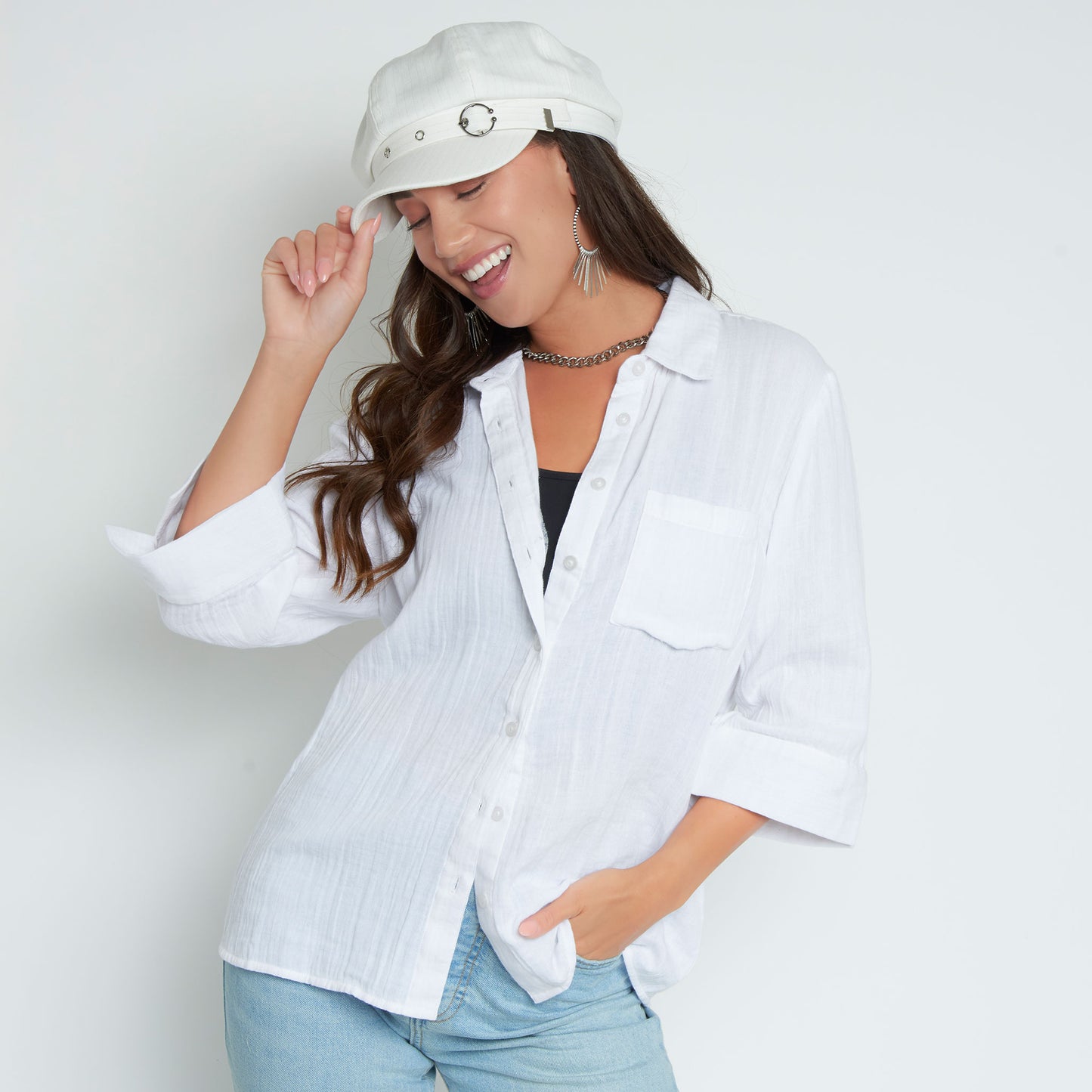 Dylan Cotton Gauze 3/4 Sleeve Button Up Top