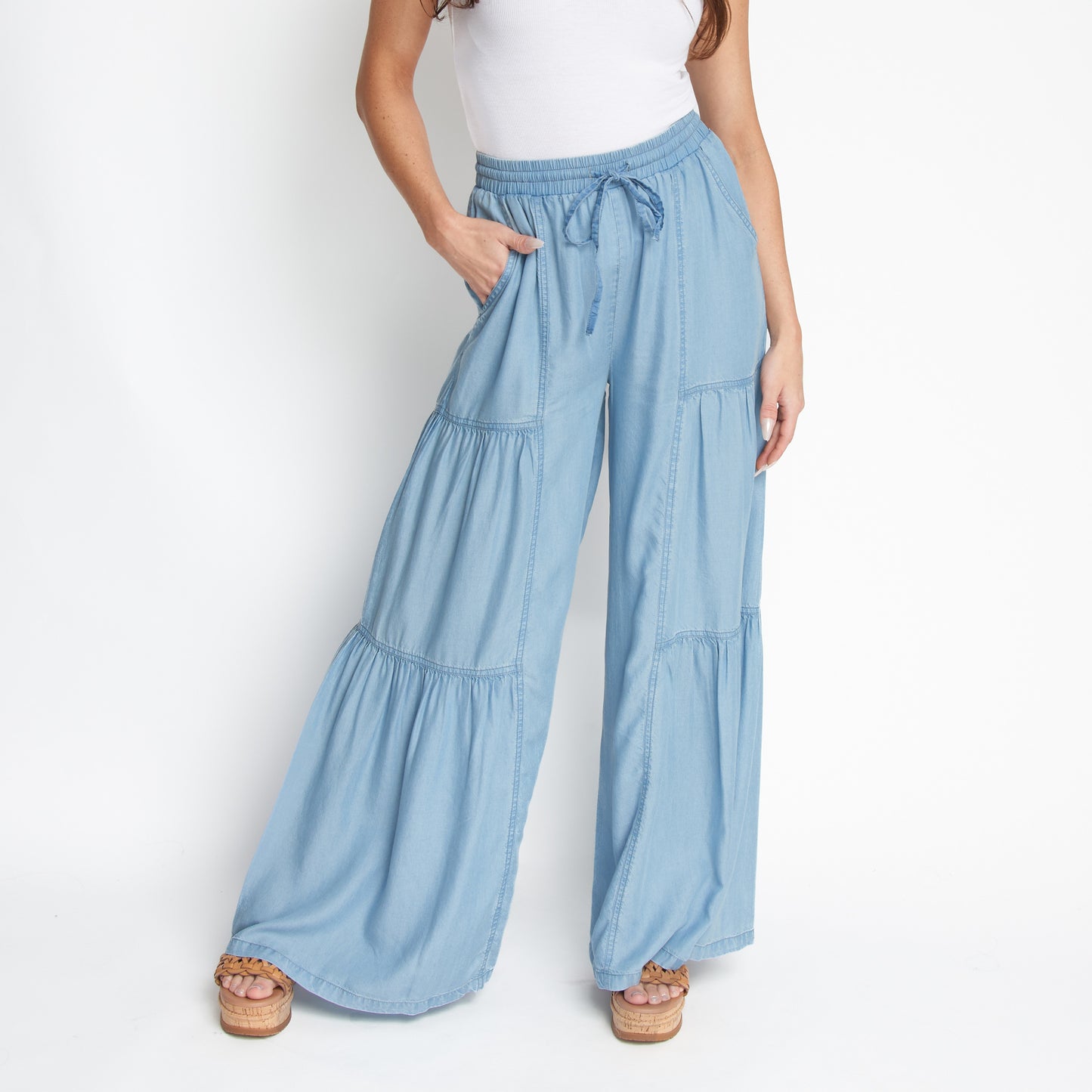 Delaney Wide Leg Tiered Drawstring Chambray Pants