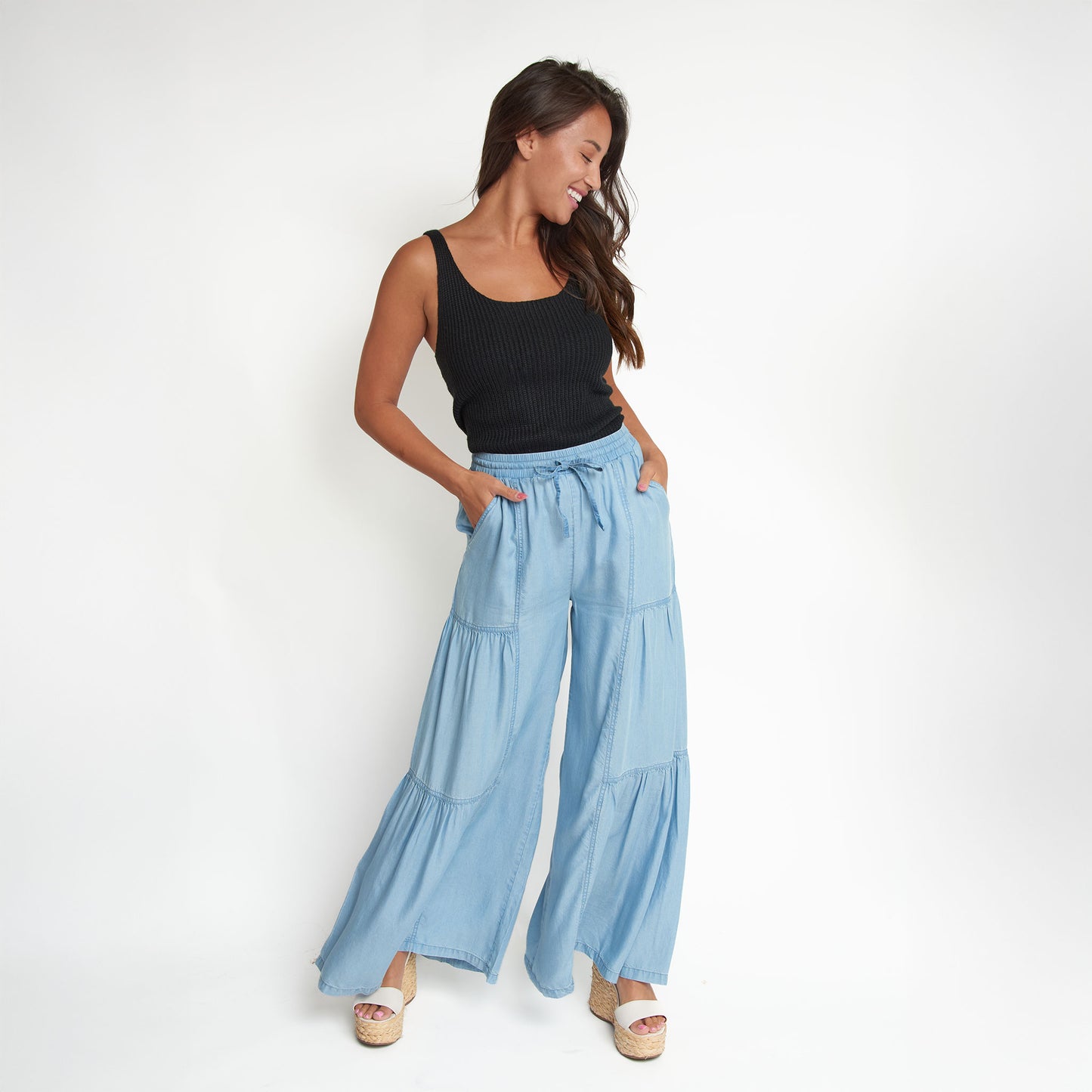 Delaney Wide Leg Tiered Drawstring Chambray Pants