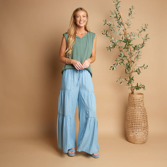 Delaney Wide Leg Tiered Drawstring Chambray Pants