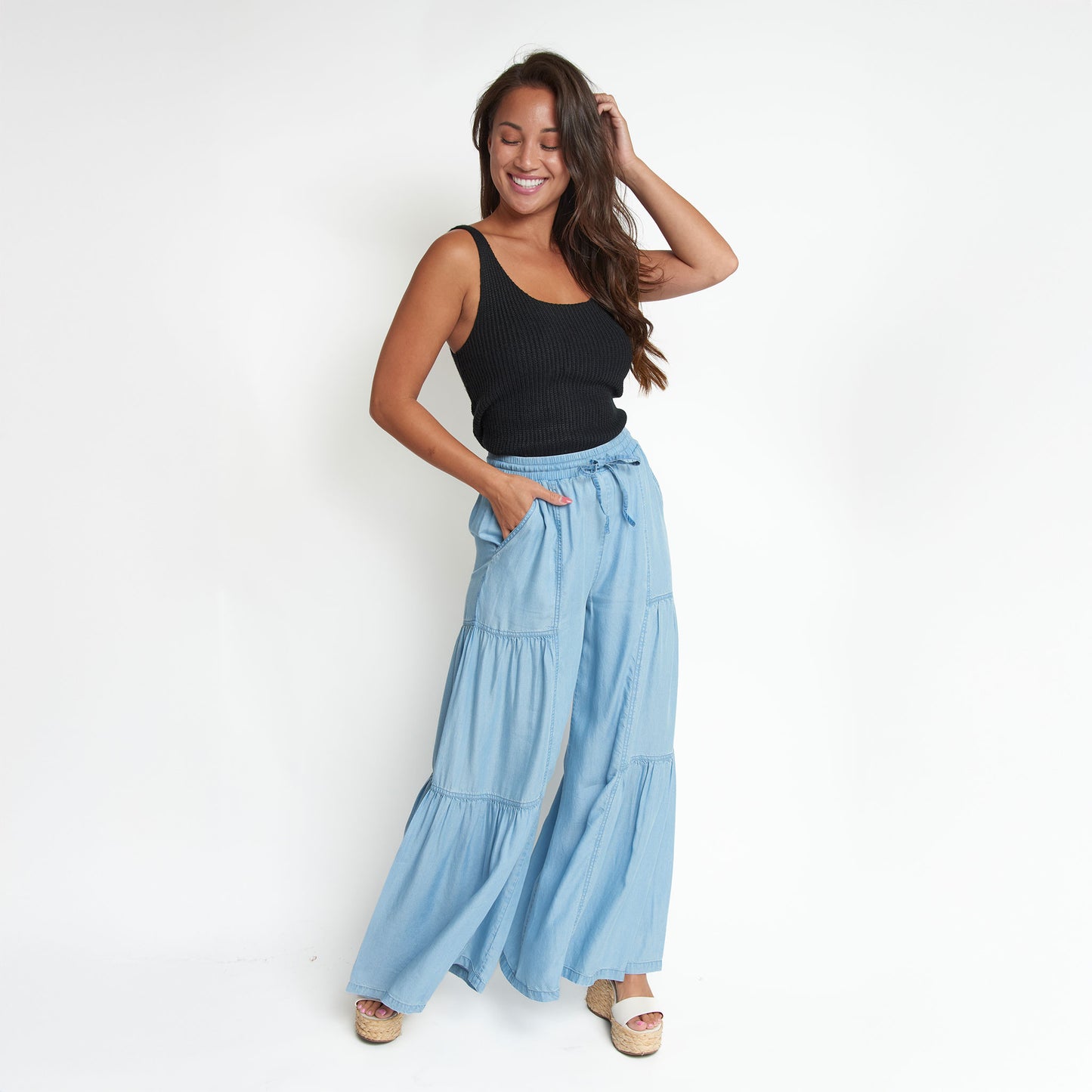 Delaney Wide Leg Tiered Drawstring Chambray Pants