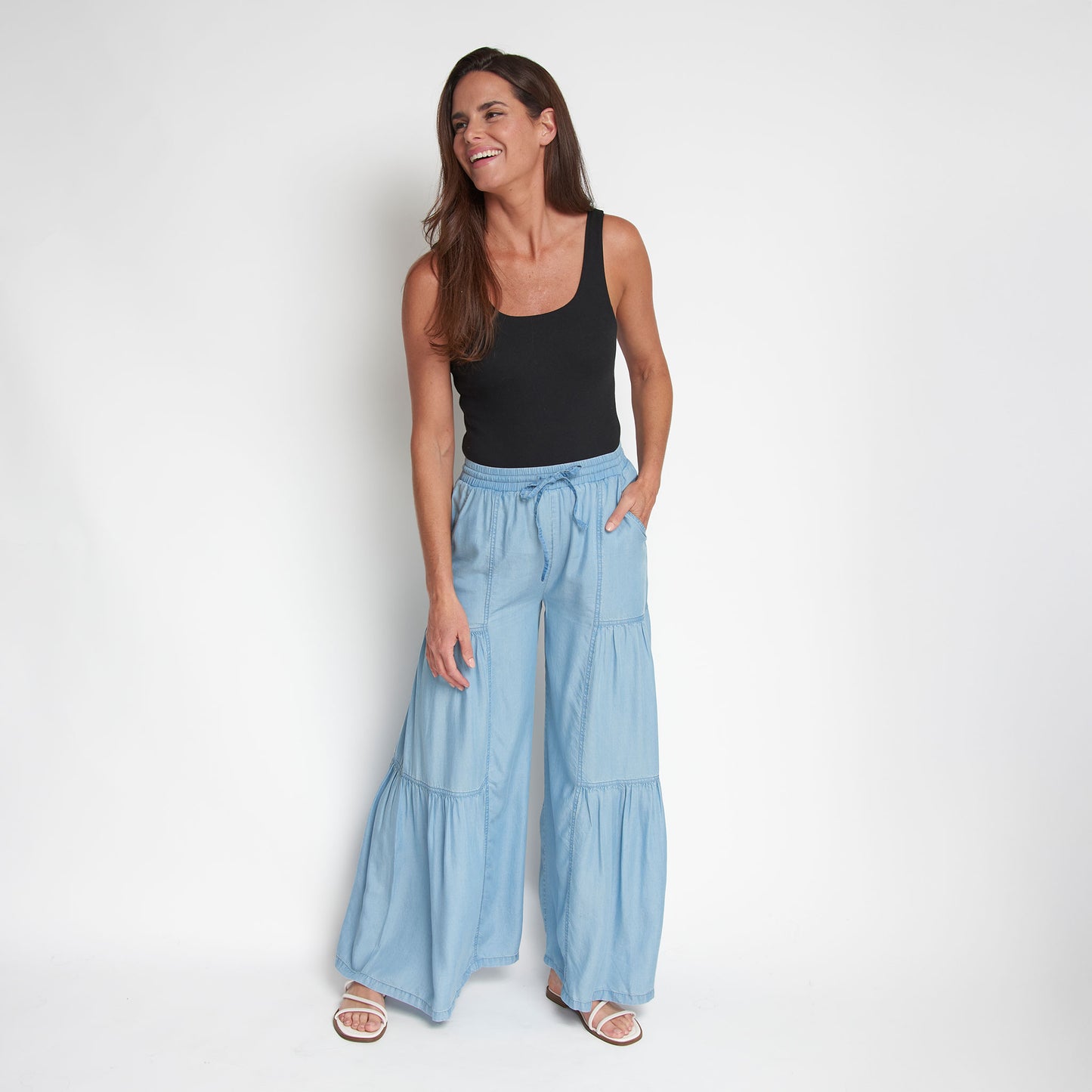 Delaney Wide Leg Tiered Drawstring Chambray Pants