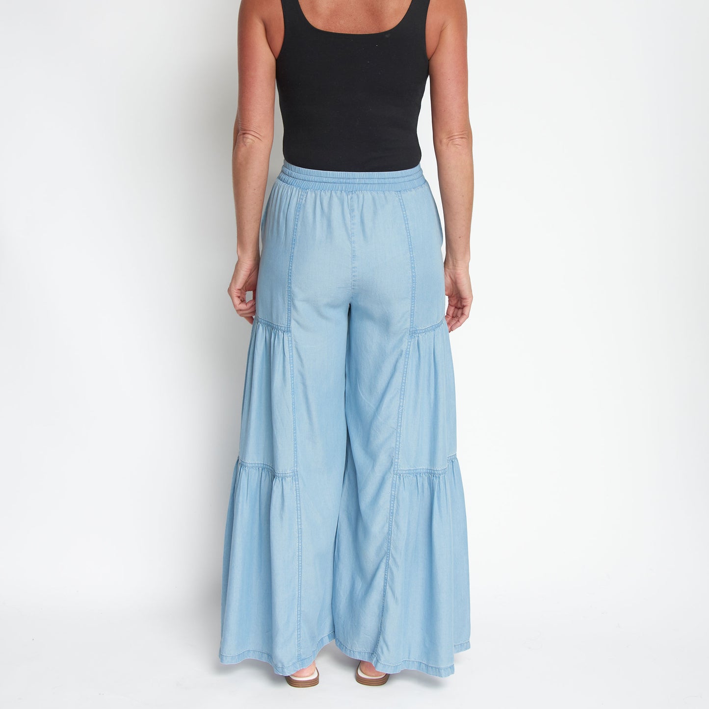 Delaney Wide Leg Tiered Drawstring Chambray Pants