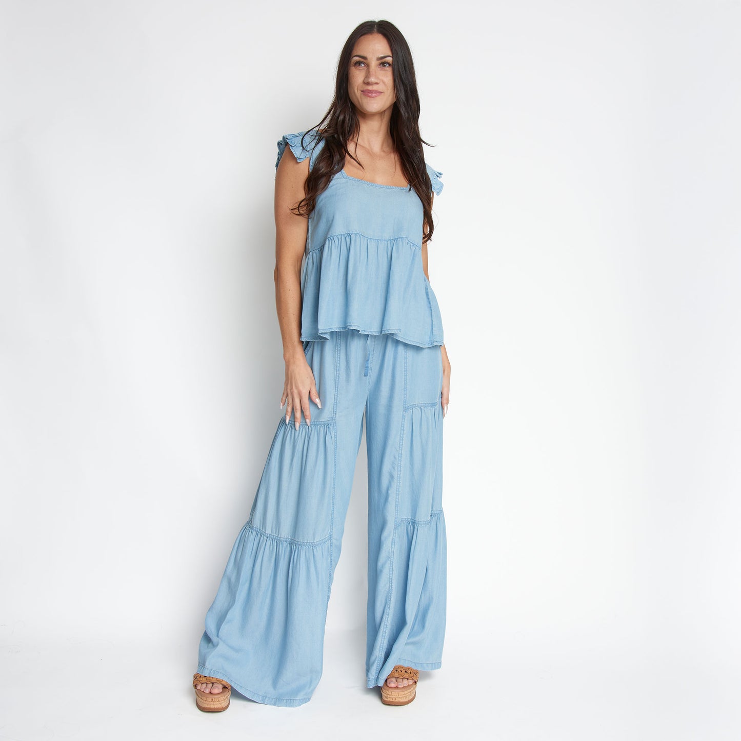 Delaney Wide Leg Tiered Drawstring Chambray Pants