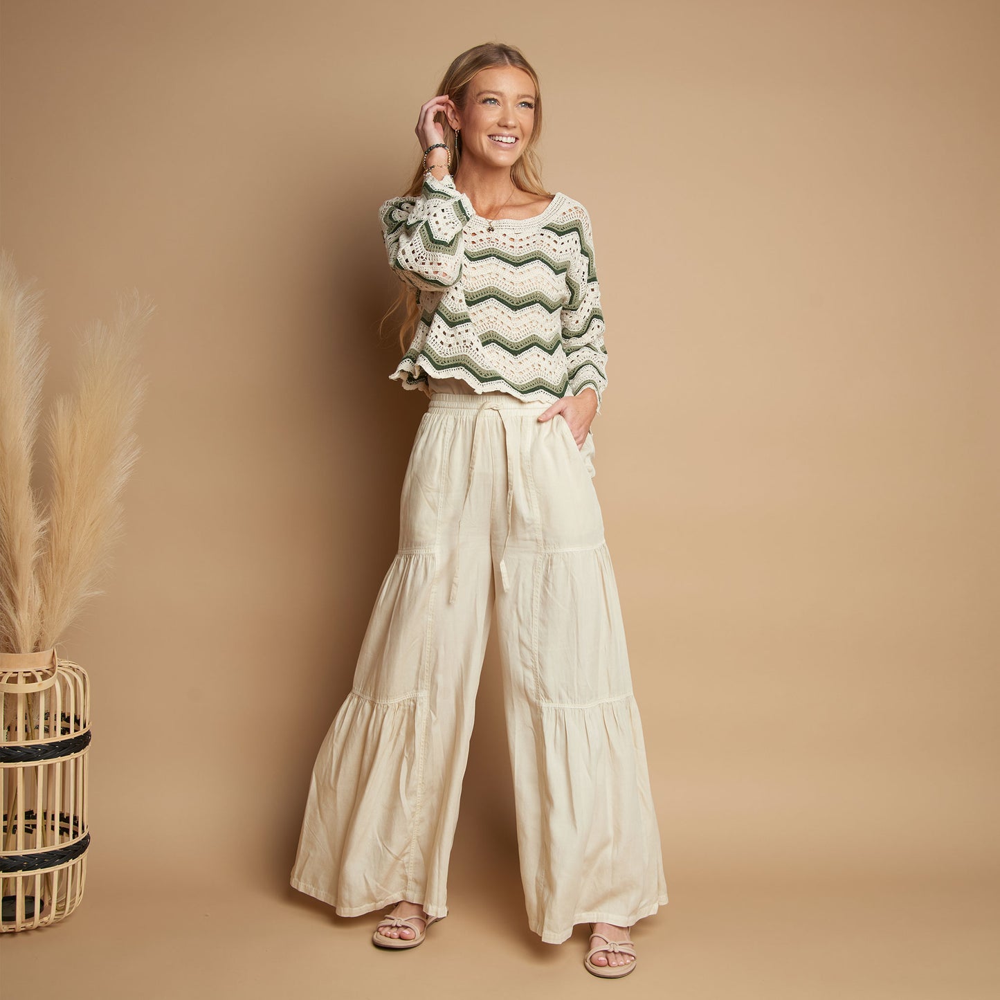 Delaney Wide Leg Tiered Drawstring Chambray Pants