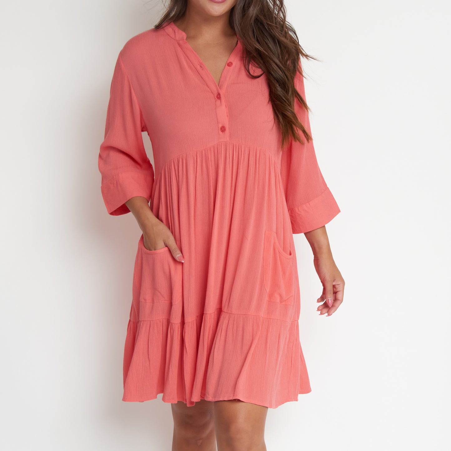 Rayanne 3/4 Sleeve V-Neck Mid-Length Tiered Dress