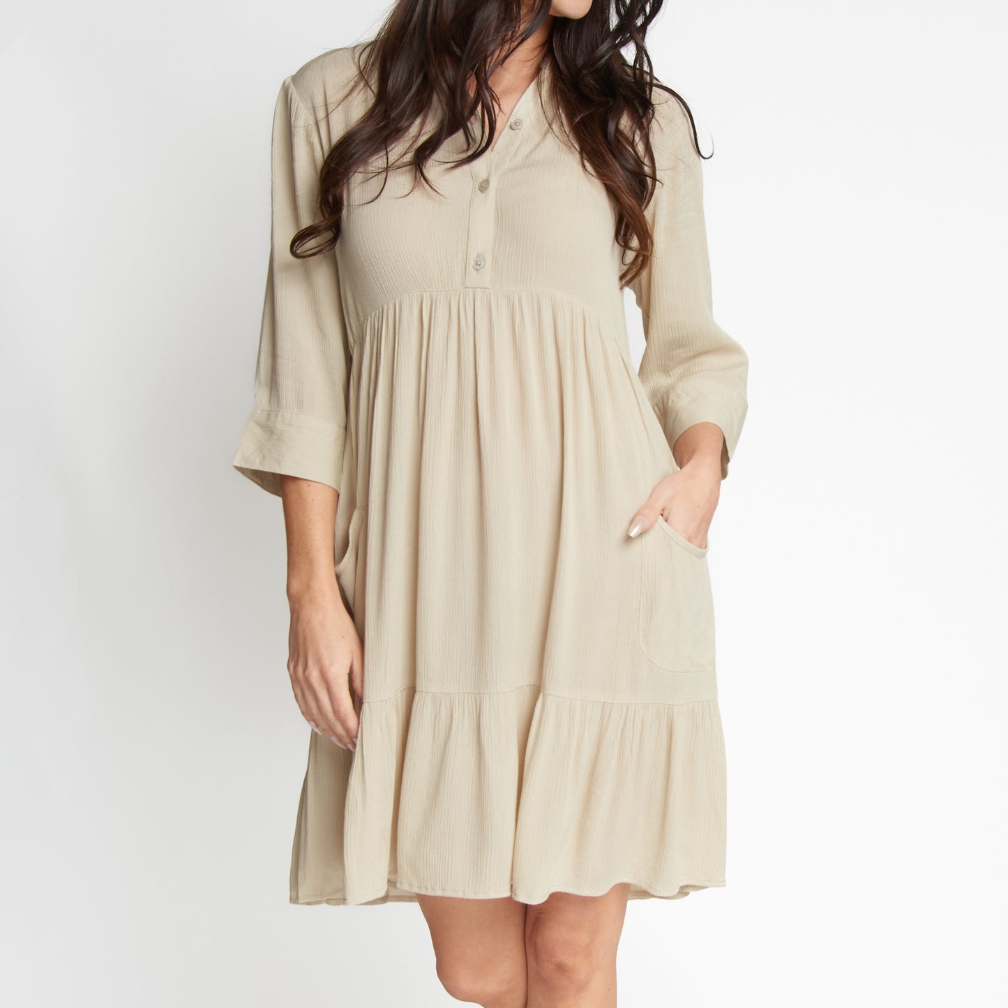 Rayanne 3/4 Sleeve V-Neck Mid-Length Tiered Dress