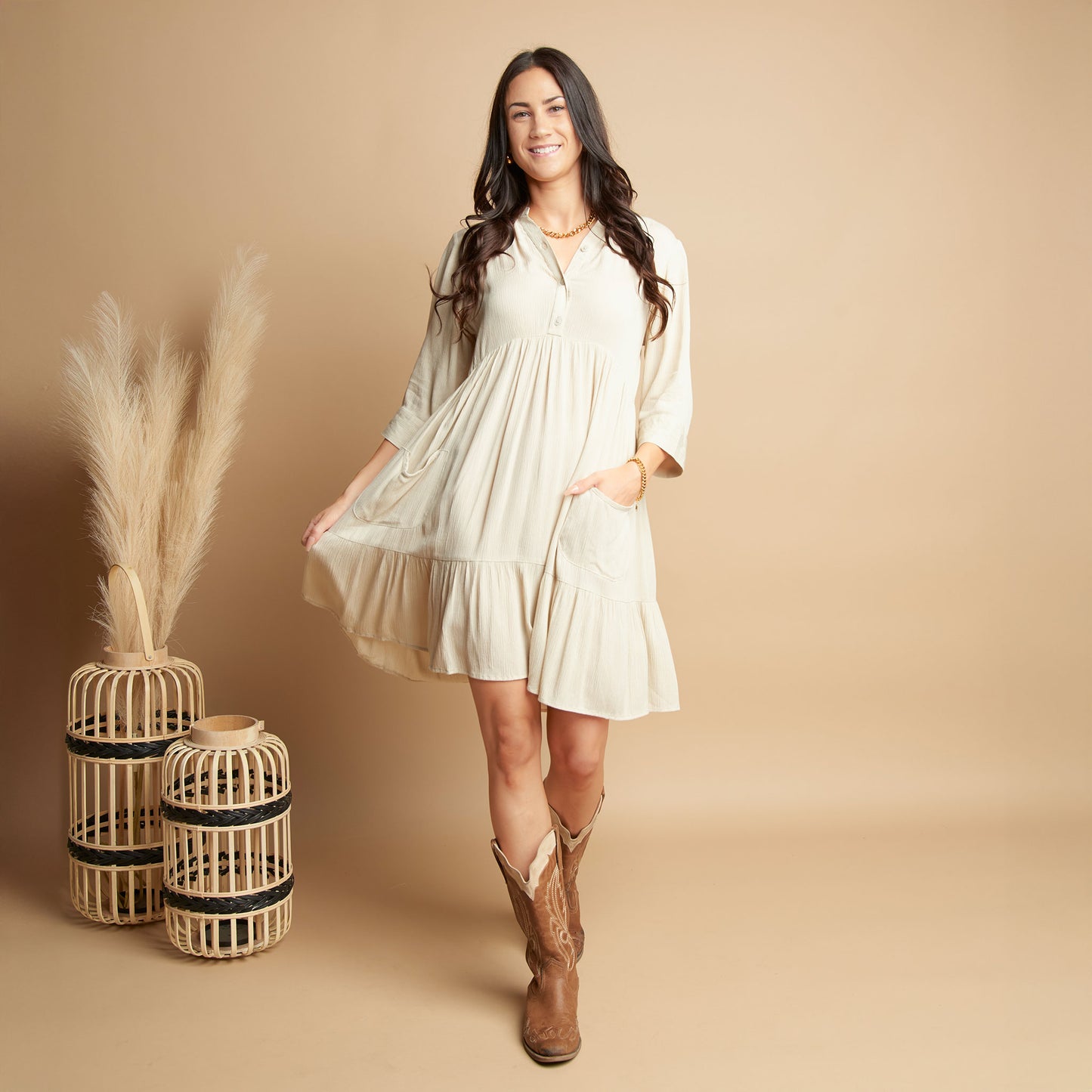 Rayanne 3/4 Sleeve V-Neck Mid-Length Tiered Dress