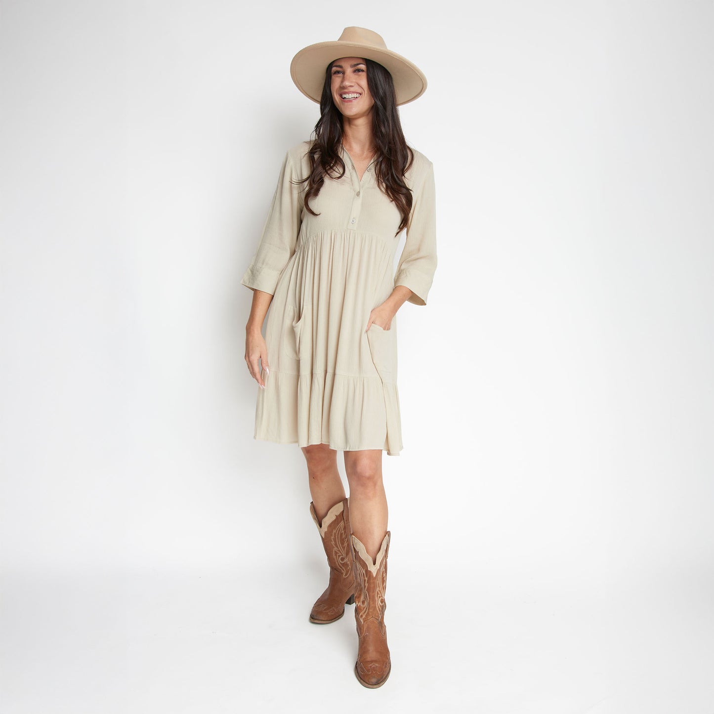 Rayanne 3/4 Sleeve V-Neck Mid-Length Tiered Dress