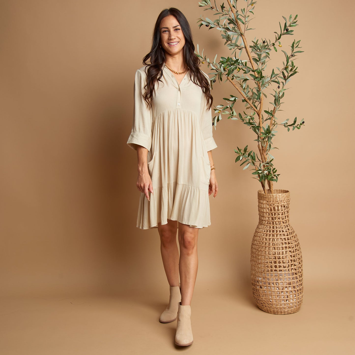 Rayanne 3/4 Sleeve V-Neck Mid-Length Tiered Dress