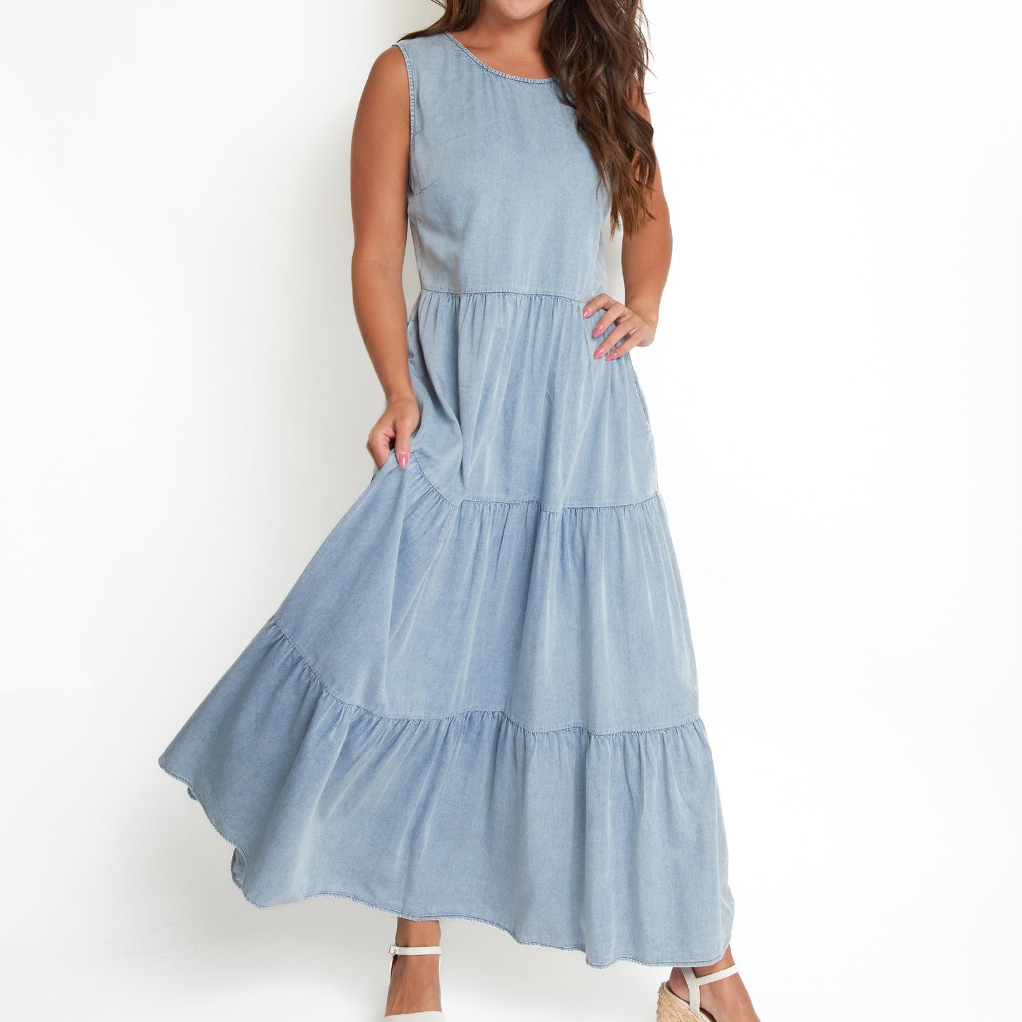 Magnolia Tiered Chambray Sleeveless Maxi Dress