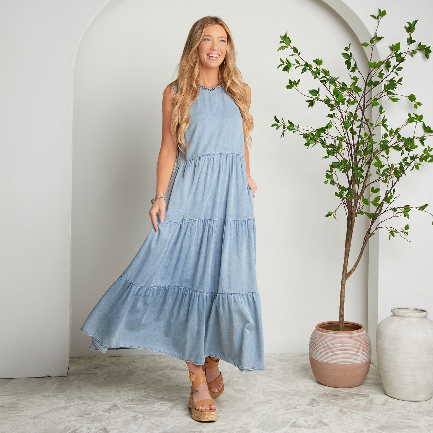 Magnolia Tiered Chambray Sleeveless Maxi Dress