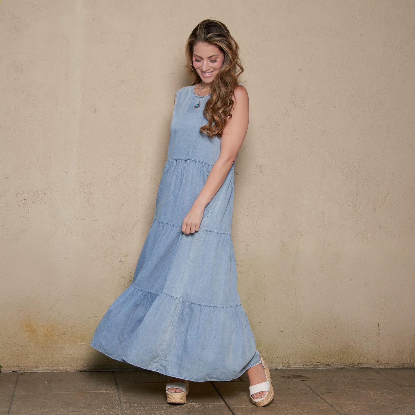 Magnolia Tiered Chambray Sleeveless Maxi Dress