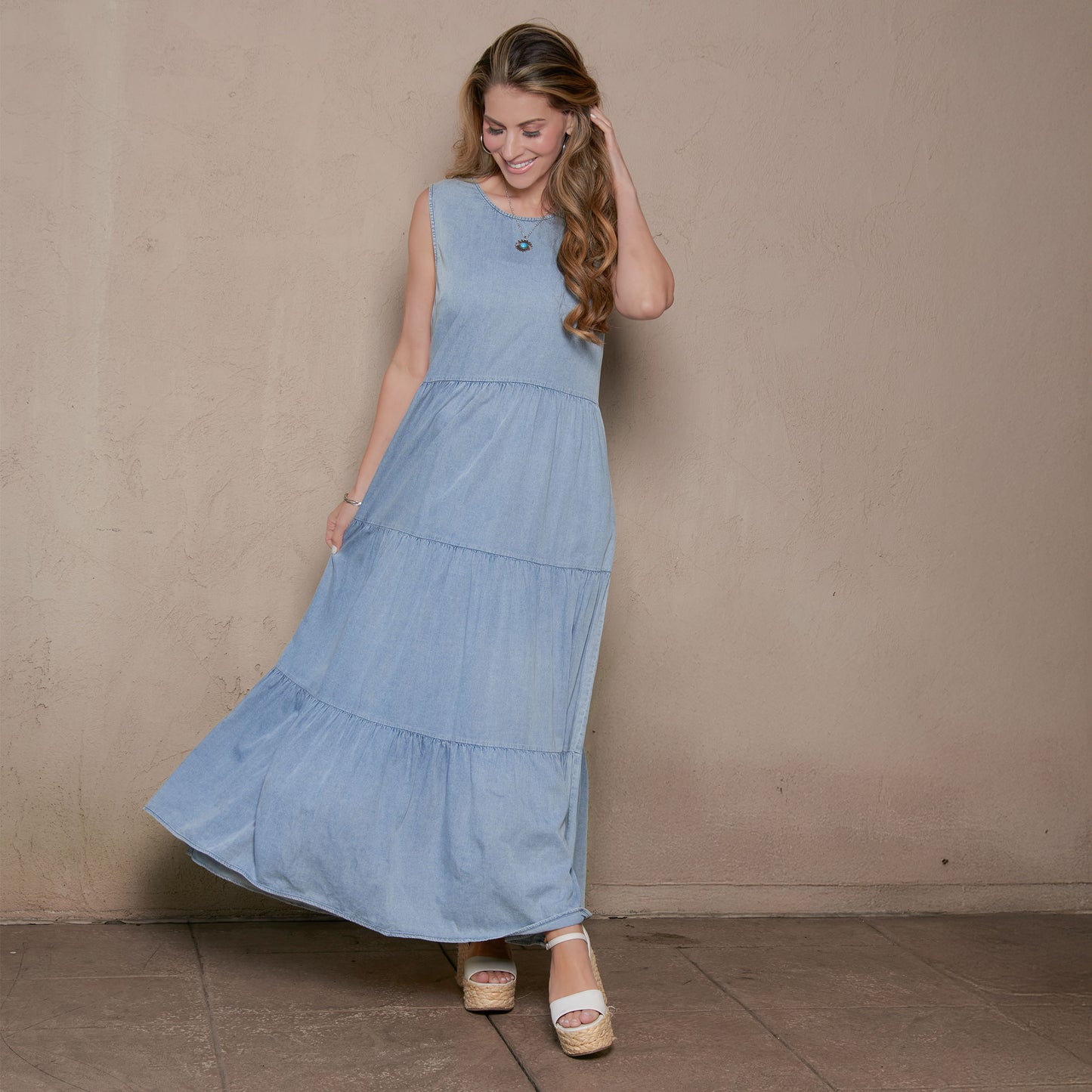 Magnolia Tiered Chambray Sleeveless Maxi Dress