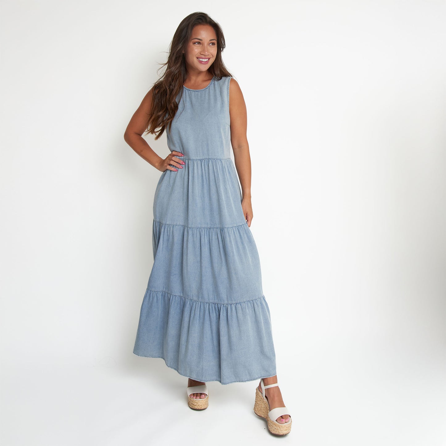 Magnolia Tiered Chambray Sleeveless Maxi Dress