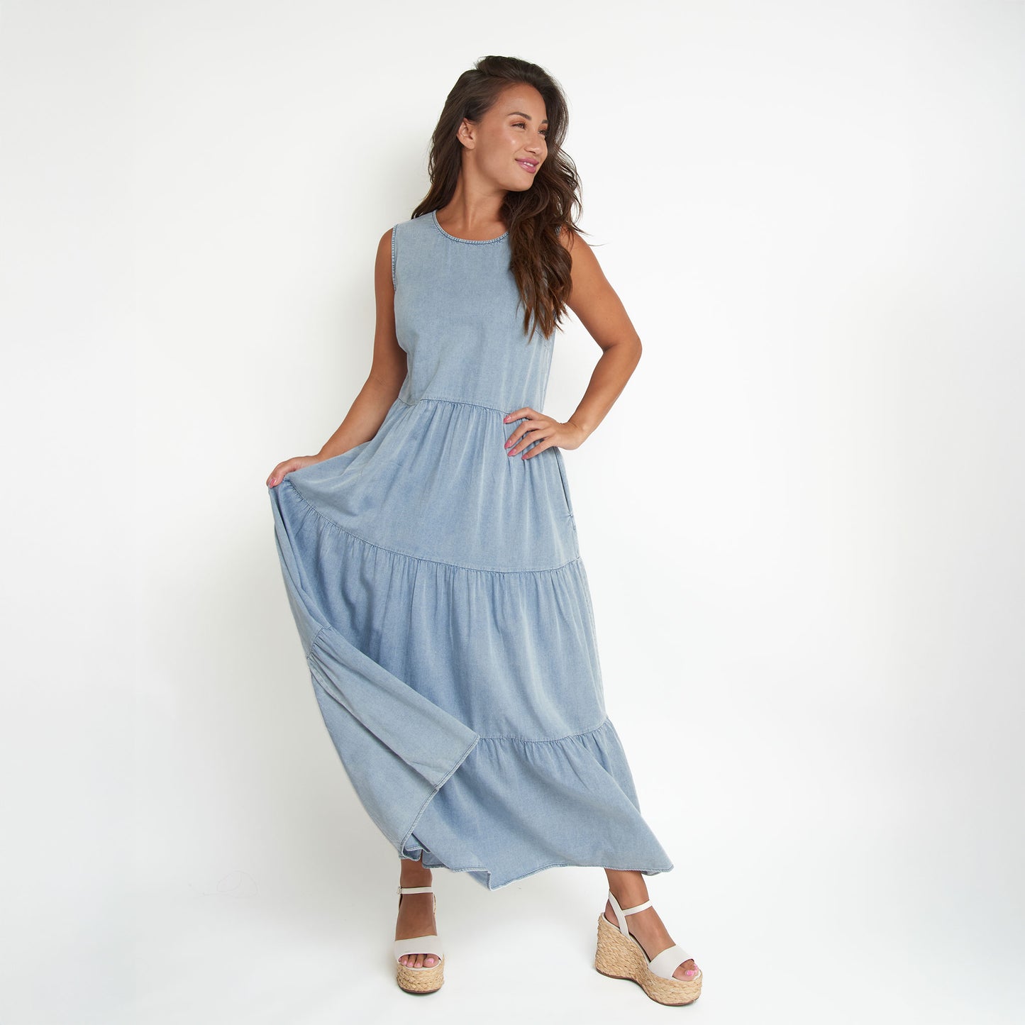 Magnolia Tiered Chambray Sleeveless Maxi Dress