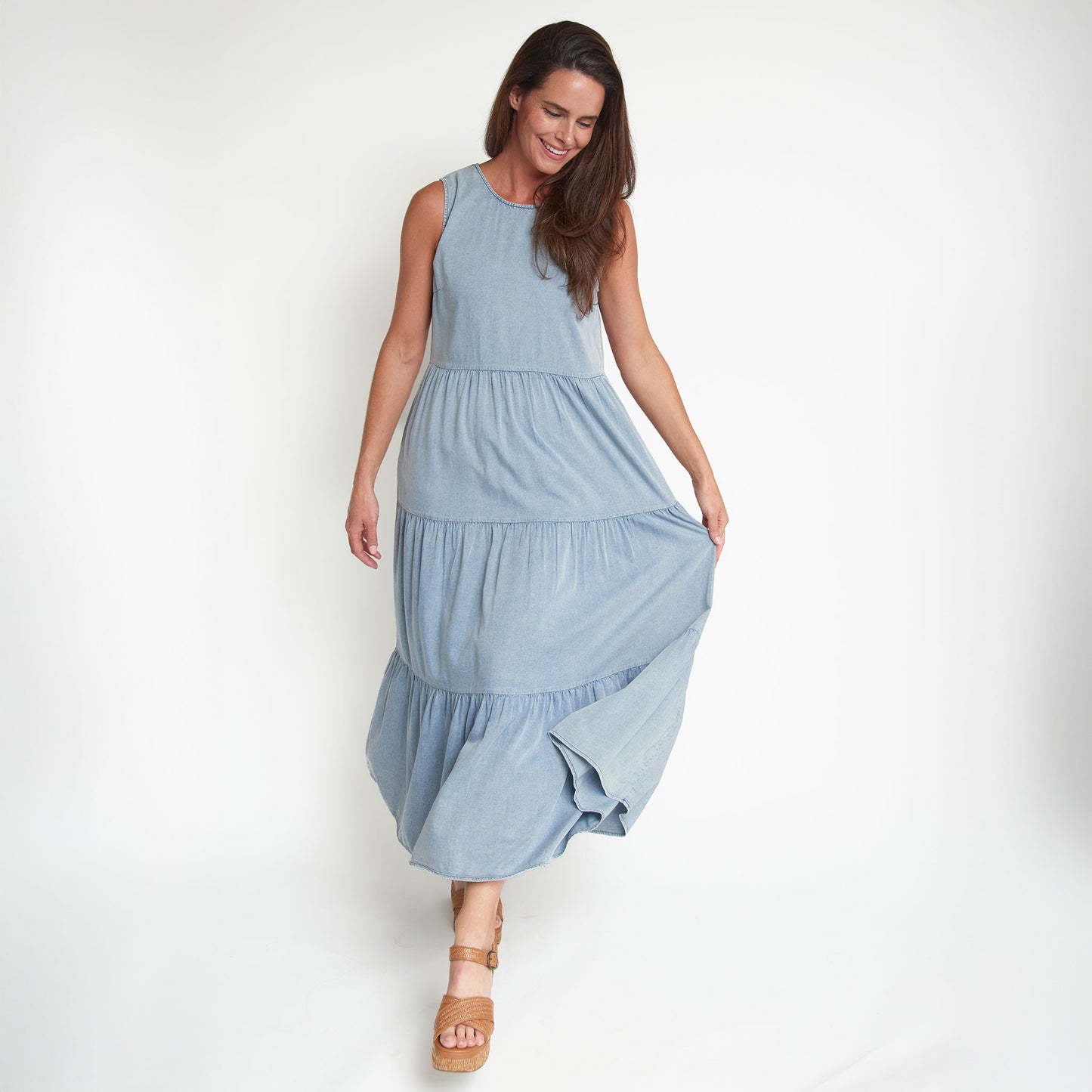 Magnolia Tiered Chambray Sleeveless Maxi Dress