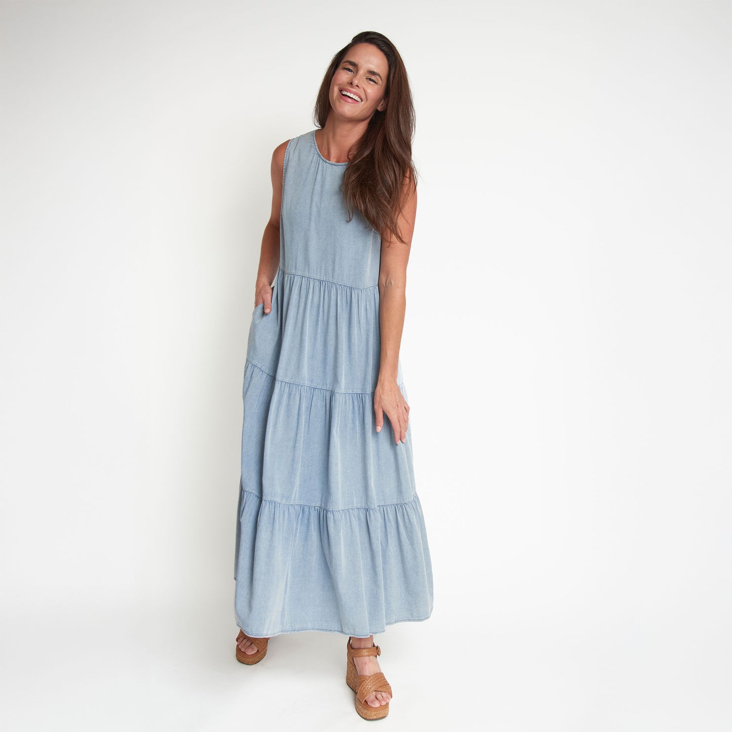 Magnolia Tiered Chambray Sleeveless Maxi Dress