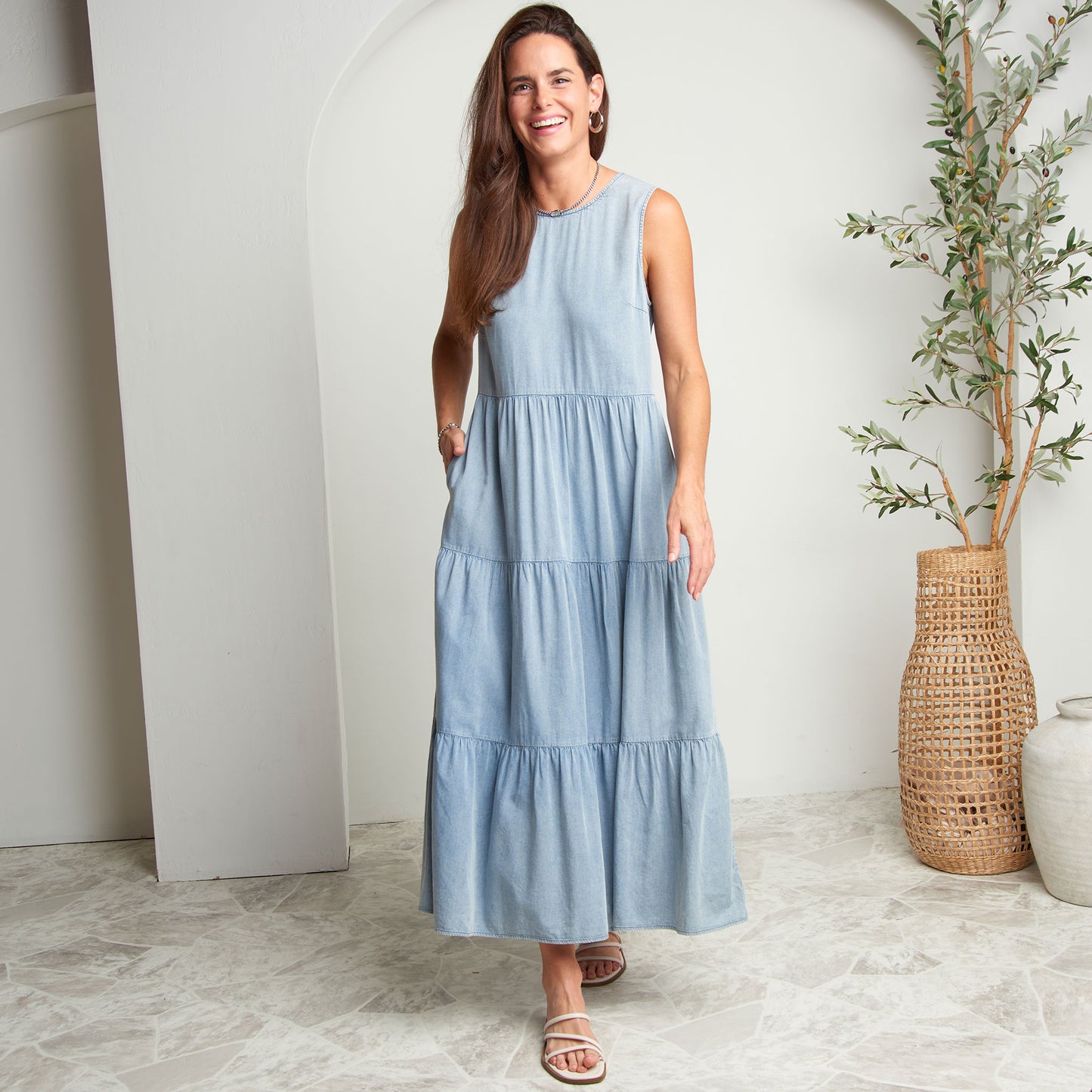 Magnolia Tiered Chambray Sleeveless Maxi Dress