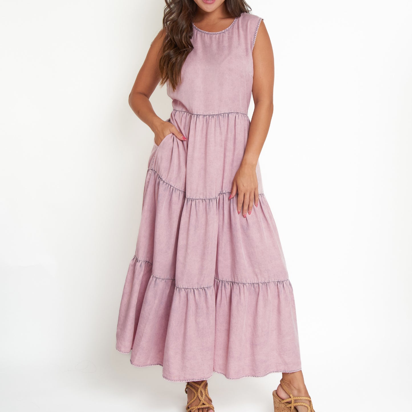 Magnolia Tiered Chambray Sleeveless Maxi Dress