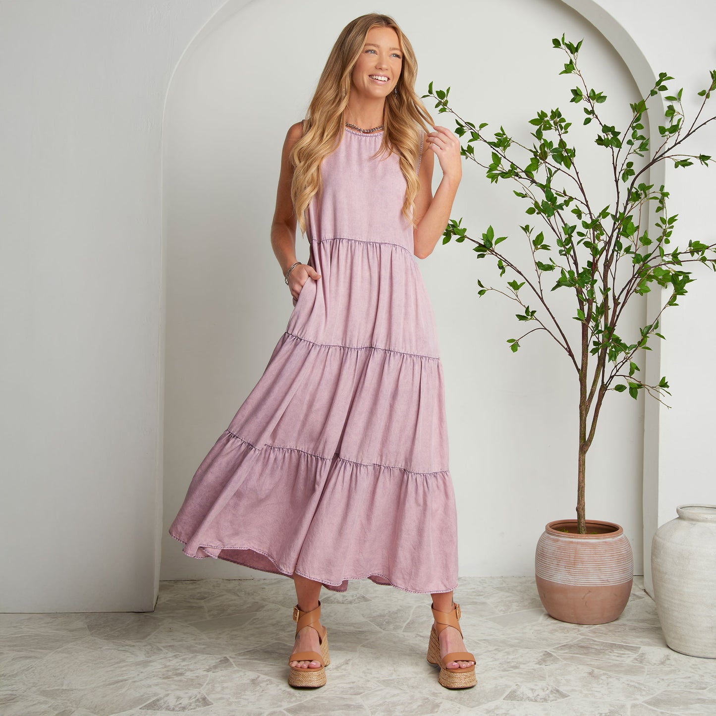 Magnolia Tiered Chambray Sleeveless Maxi Dress